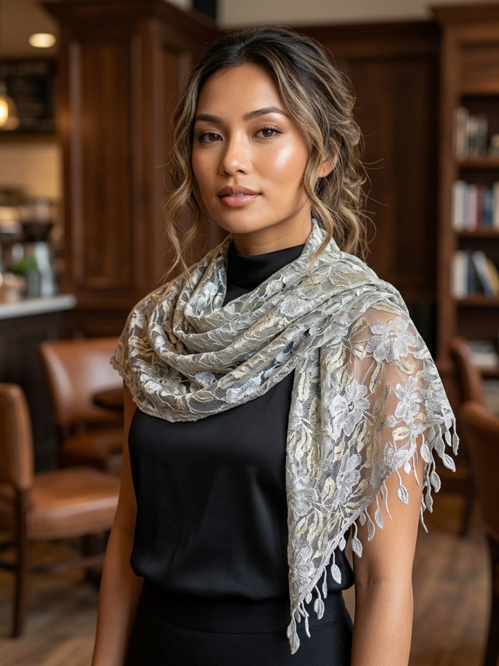 Vintage-Style Metallic Floral Lace Triangle Scarf | Gray & Silver Tassel Fringe